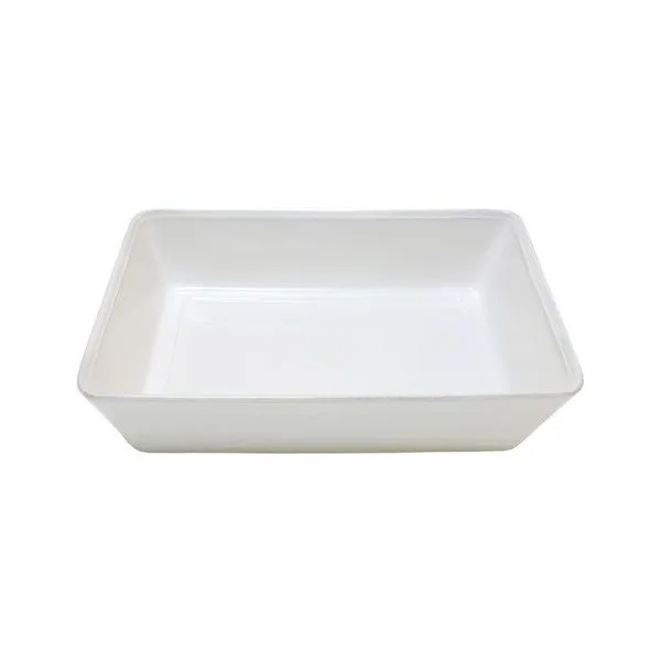 14-inch white rectangular stoneware baker with smooth finish and straight sides