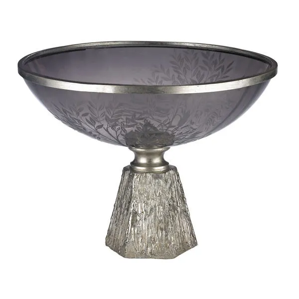 Product Image 1 for Smoked Glass Bowl With Etching Set On Silver Leaf Base from Elk Home