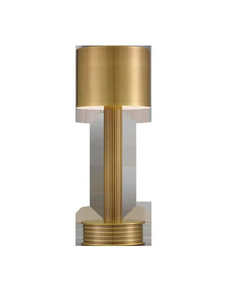 Traverse Cordless Table Lamp in polished brass finish with ribbed cylindrical base and metal drum shade