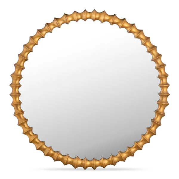 Round Whitby mirror with aged brass cast aluminum frame featuring scalloped, spiked texture