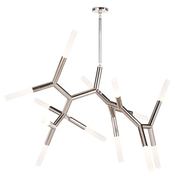 Traveler Chandelier Large with multiple branching arms and frosted acrylic bulb covers, angled modern design