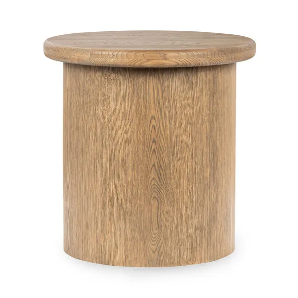 Round wood end table with smooth oak veneer top and cylindrical base showcasing natural wood grain
