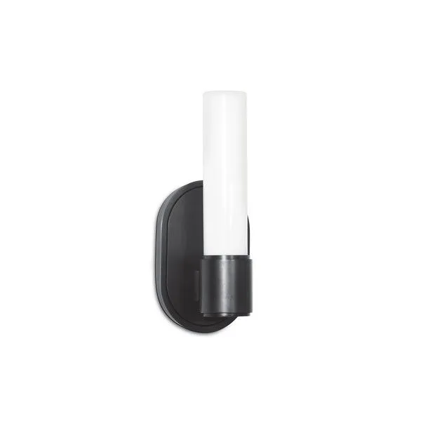 Dixon Single Sconce with cylindrical opal white glass cover and dark metal oval backplate