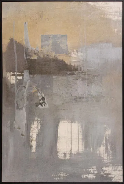 Abstract urban painting with muted grays and golden hues, featuring layered textures and reflective shapes