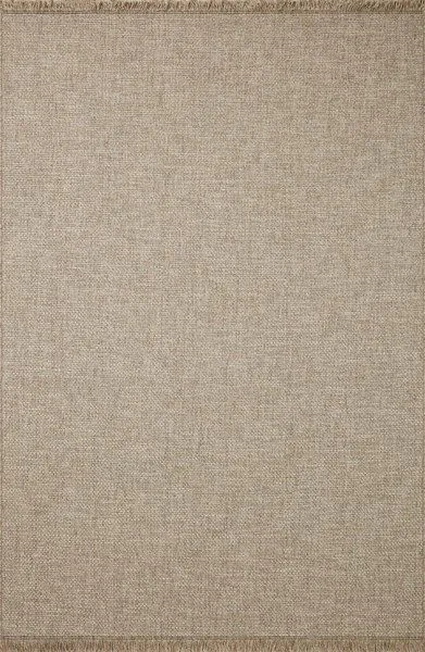 18x18 inch square indoor/outdoor rug in tonal beige with a woven texture and fringed edges