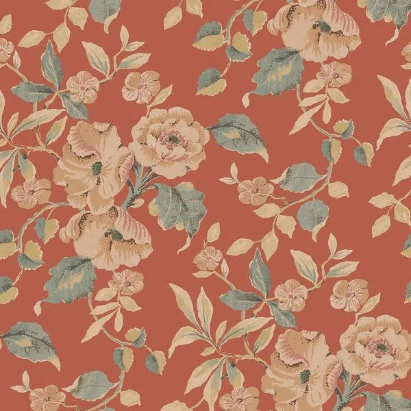 Alyworth Trail wallpaper with dense painterly hibiscus flowers and scrolling leaves on warm crimson background