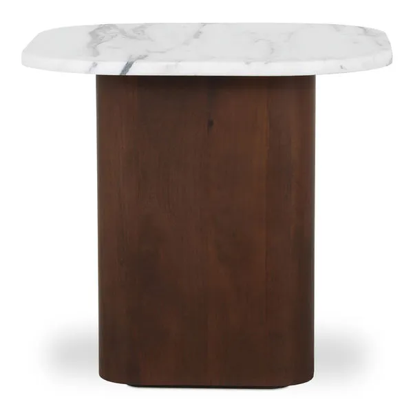 Squat accent table with white marble top and dark wood base, rounded square edges and smooth finish