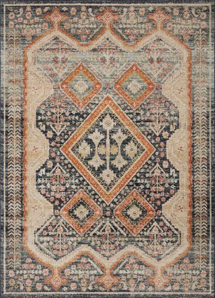Jocelyn Navy Multi Rug with antique-inspired geometric motif in navy, beige, rust, and muted blue tones