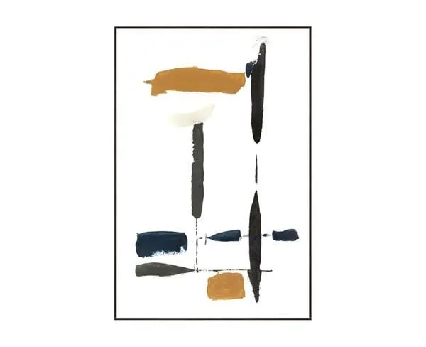 The Journey II painting with abstract vertical and horizontal brushstrokes in ochre, navy, black, and grey on white backgr...