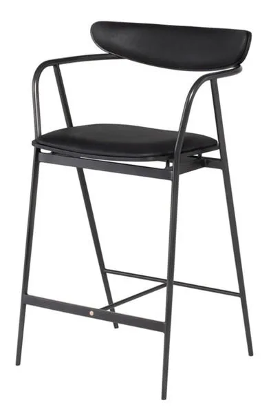 Three-quarter view showing armrests connecting to slim matte black frame