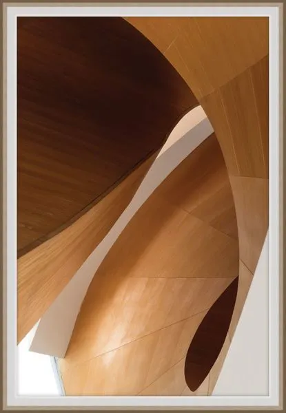 Fluid intertwined wooden curves in warm tones highlighting elegant architectural form in close-up