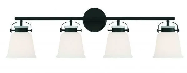 Four-light bathroom vanity fixture with matte black bar and backplate, white opal glass shades