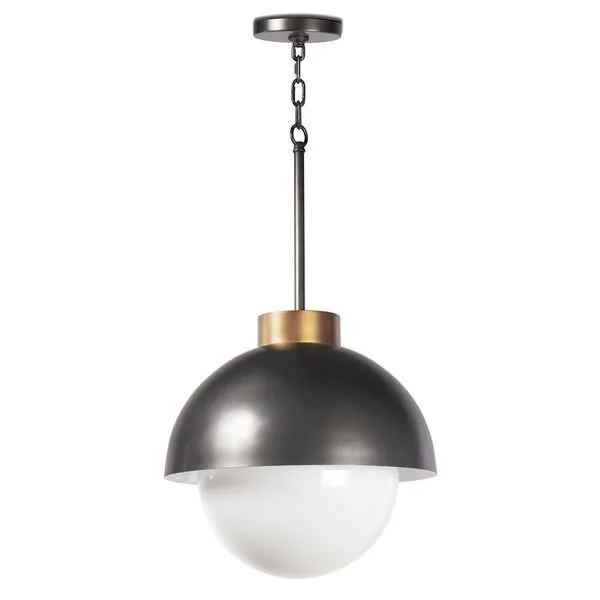Montreux Pendant with curved dark metal shade and large milk glass globe providing soft ambient light