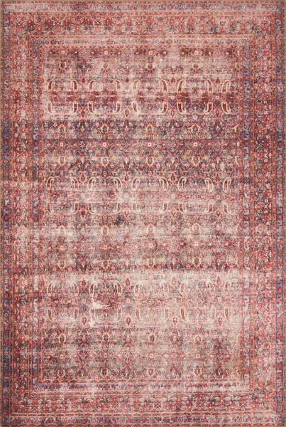Loren Eggplant / Crimson vintage-style rug with faded floral pattern and distressed red, purple, and blue tones