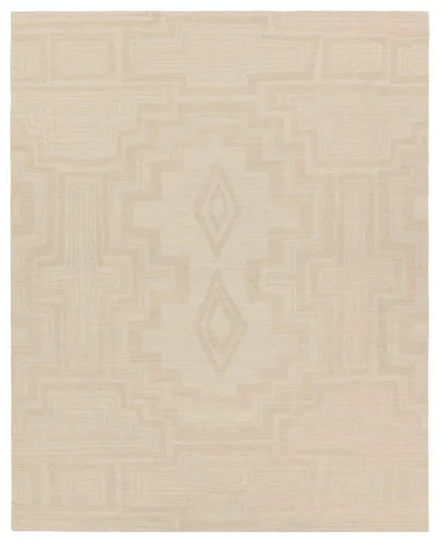 Hand-tufted Aterian rug with light gray and cream geometric open medallion motif, 8x10 feet
