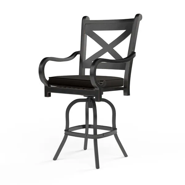 Monterey Counter Stool with curved arms, X-back, swivel aluminum frame, Old World Copper finish, black seat cushion