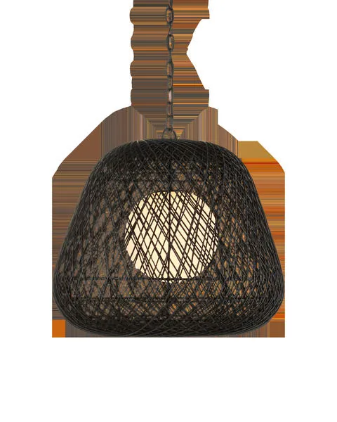 Osbert Black Pendant with black Kraft paper twine wrapped around graduated thin rings, creating a moon-cocoon silhouette