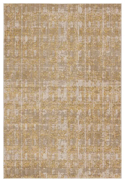 Gold and taupe mid-century-modern rug with distressed geometric pattern in 2'2" x 8" size