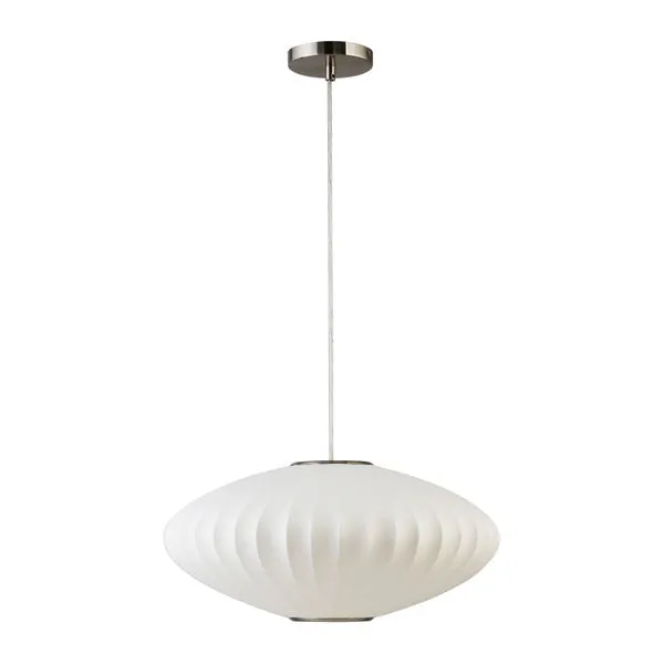 White cocoon-shaped Lys Pendant lamp with ribbed texture and brushed metal ceiling mount