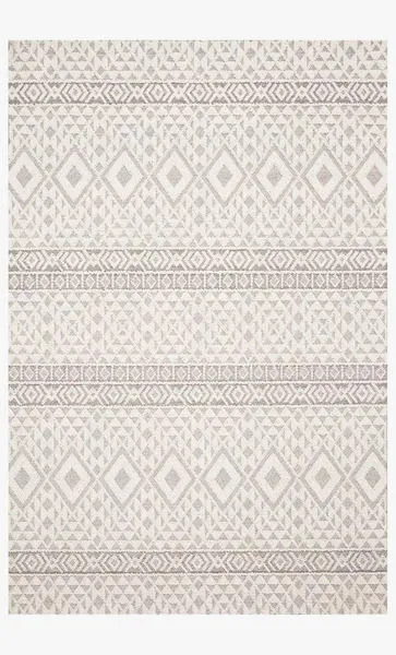 Cole Silver / Ivory Rug with geometric diamond and tribal patterns in neutral tones, flatlay view