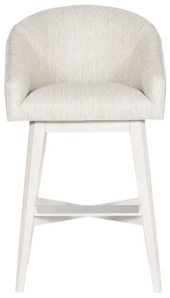 Ryder Performance Retro Swivel Base Stool with curved barrel seat in light textured fabric and white angled wood legs