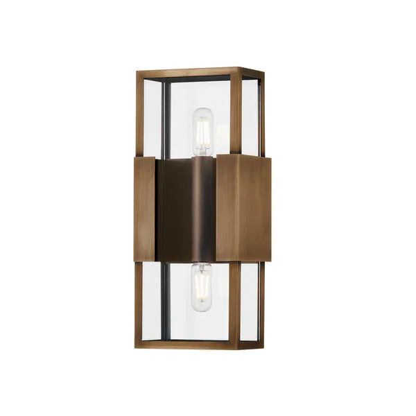 Santa Clara Exterior Wall Sconce with minimal Patina Brass metalwork and clear glass box lantern design