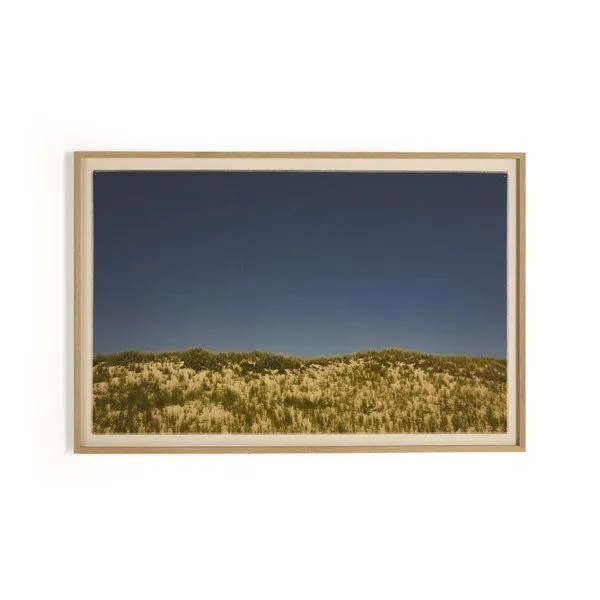 photograph of sand dunes with tall grass under deep blue sky in white oak wood frame