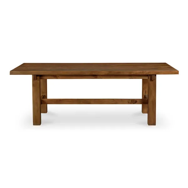 Mikoshi small dining table in solid pine with thick legs and a rectangular tabletop in warm brown finish
