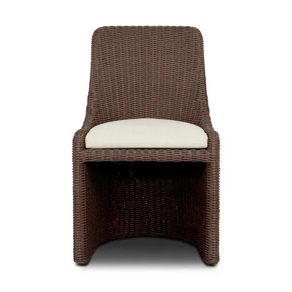 Blaire Outdoor Dining Chair with textured brown woven frame and cushioned beige seat, clean-lined tailored silhouette