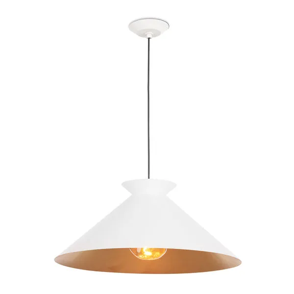 Viggo Pendant with white conical shade and gold-leafed interior casting warm glow