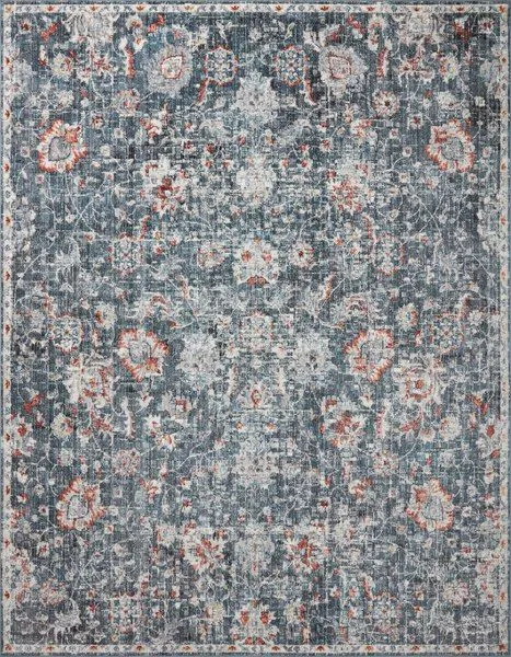 Cassandra Blue / Rust Rug with vintage-inspired floral motifs in blue, rust, and cream colors