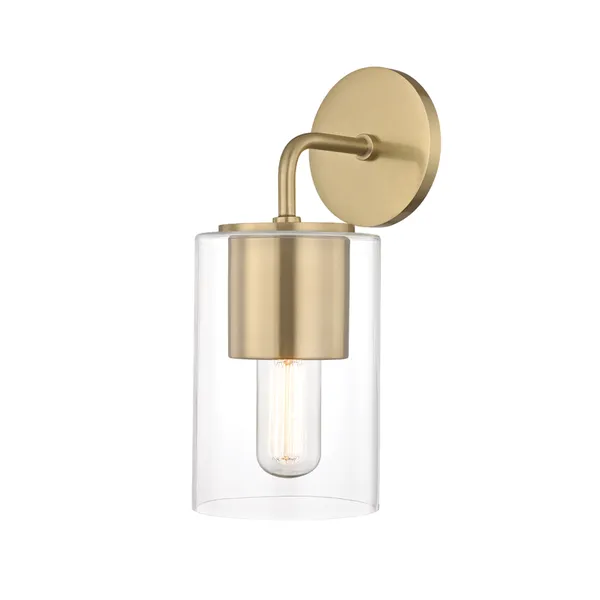 Lula 1 Light Wall Sconce with clear cylindrical glass shade and brushed brass steel base and arm