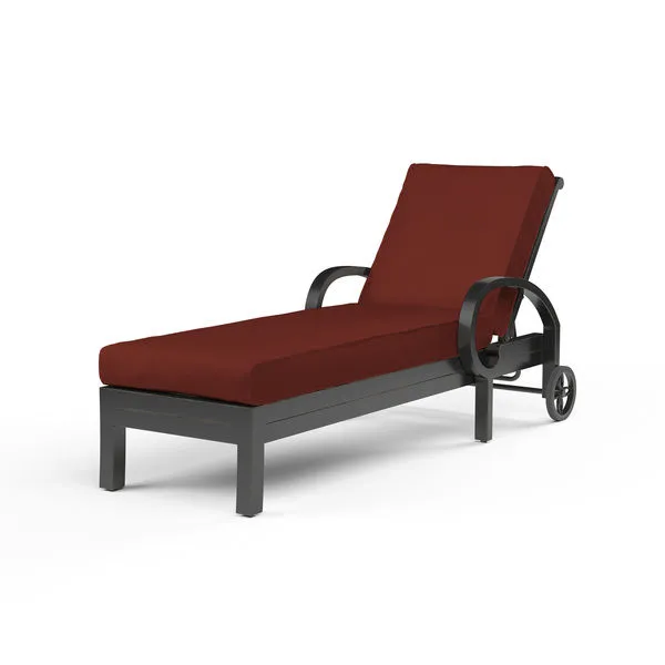 Monterey Double Chaise with Espresso powder-coated aluminum frame, curled arm, cross back detail, and dark red cushion