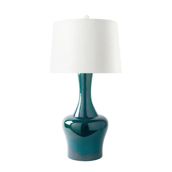Nadia Lamp with a glossy teal glazed ceramic base featuring a feminine, curvy silhouette and a white drum shade
