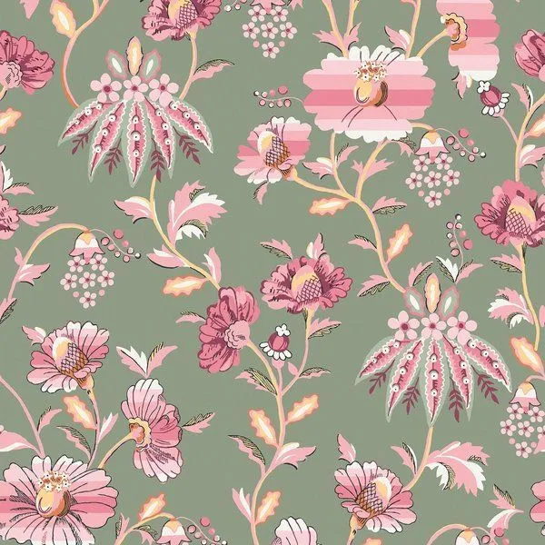 Friendship Garden Sage wallpaper with jacobean floral pattern in pink, white, yellow on khaki green matte background