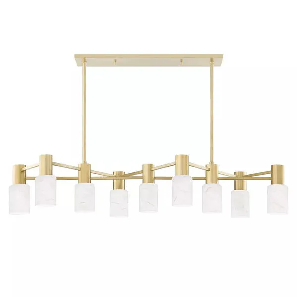 Rectangular 9-light island fixture with brushed brass finish and white marbled glass shades