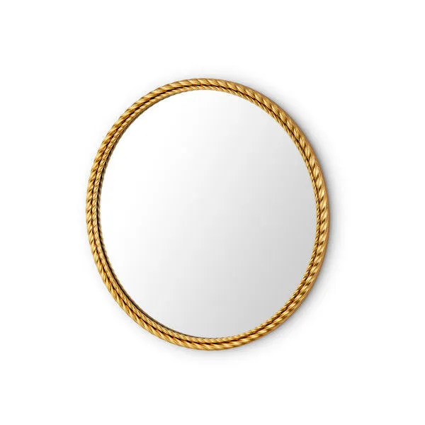 Round Cordelia Mirror with a hand-applied gold leaf sculpted frame and a braided border around reflective glass