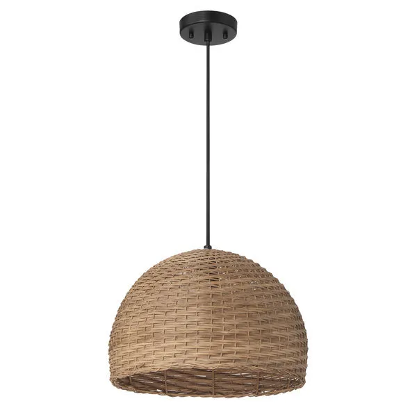 Dome-shaped woven pendant light with natural handwoven texture and black ceiling mount