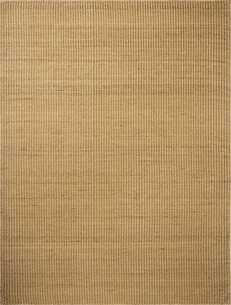 Neutral vertically striped Loloi Elma Wheat Rug with whip-stitched edges, hand-woven wool and cotton texture