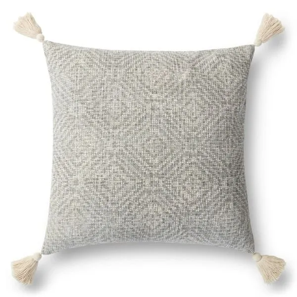 Light grey square pillow with tribal diamond block print on cotton fabric and natural cotton tassels at each corner