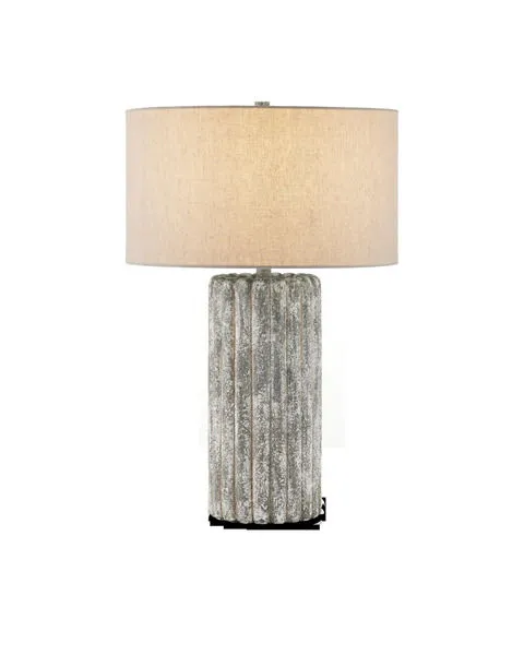 Boudoirs Table Lamp with textured dark gray and off-white concrete column body and beige drum shade