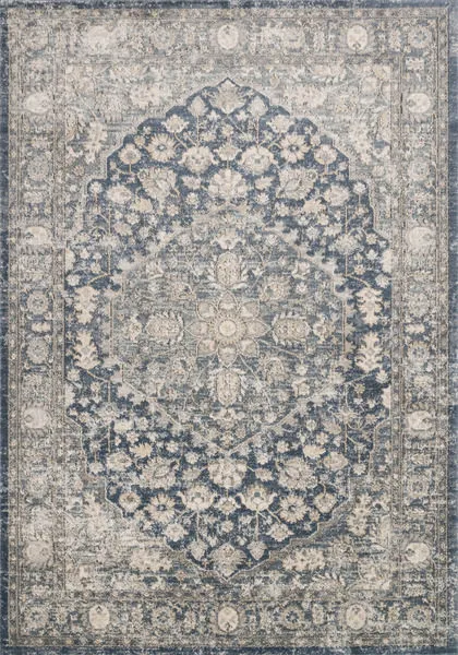 Teagan Denim / Mist Rug with vintage medallion pattern in blue-gray and cream tones, classic distressed look