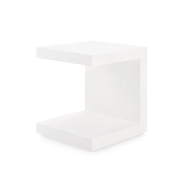Essential Tea Table with cubist silhouette, sharp angular shape, white matte finish, and open C-shaped design