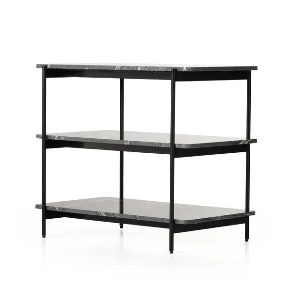 Jasper Nightstand with black-finished iron frame and three polished black marble shelves, slim and airy design