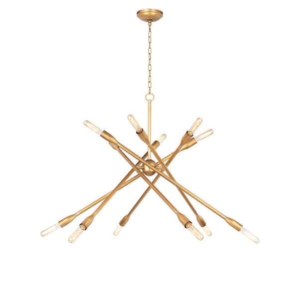 Large natural brass chandelier with multiple crisscrossing metal arms and tubular bulbs at each end