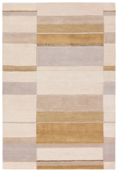 Gray handmade rug with plush cut and loop pile in geometric pattern of gray, taupe, beige, and gold stripes