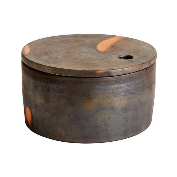 Round Hazel Serving Bowl with lid, dark rustic ceramic finish and small circular handle hole