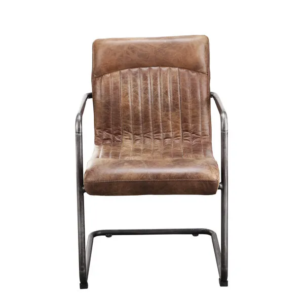 Ansel Arm Chair set of two with distressed brown top grain leather and industrial iron frame, front view