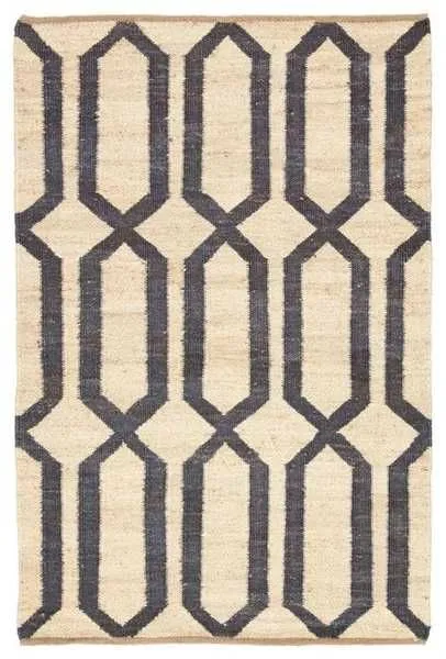 Luxor Natural Trellis area rug with large-scale beige and deep blue lattice pattern, flatwoven wool and jute texture