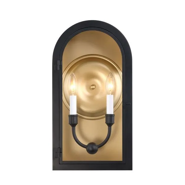 Matte black outdoor wall lantern with arched shape, two vintage gold candle-style lights behind clear glass panes